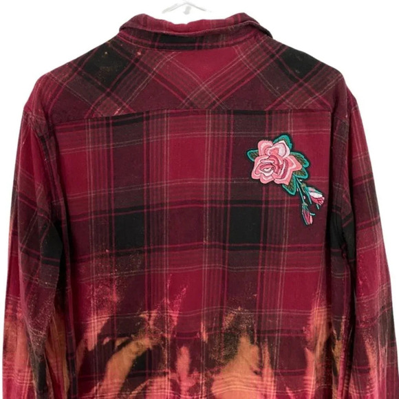 Upcycled Bleached Boho Flannel Plaid Button Down Shirt Medium Embroidered Floral - Picture 4 of 15